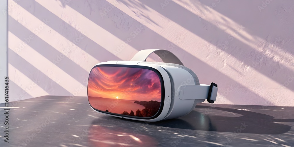 Fototapeta premium Virtual reality headset displaying a vibrant sunset reflection on a textured surface