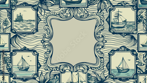 Vintage nautical scene with sailboats and ornate frame in blue and cream ocean