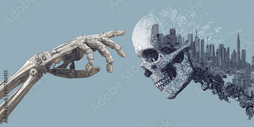 Robotic hand reaching towards digital skull composed of cityscape elements, symbolizing fusion of technology and humanity. artwork conveys futuristic and thought provoking theme