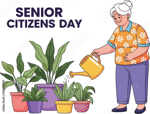 Vector art of an elderly woman is gardening senior citizens day