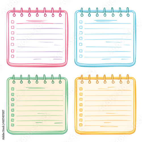 Four colorful spiral bound notebooks with lined pages and checkboxes notepad paper