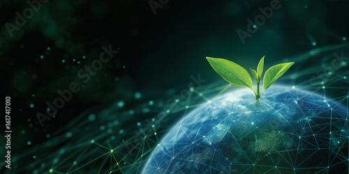 Small green plant sprouts from digitally connected Earth, symbolizing growth and sustainability in networked world. image conveys sense of hope and innovation
