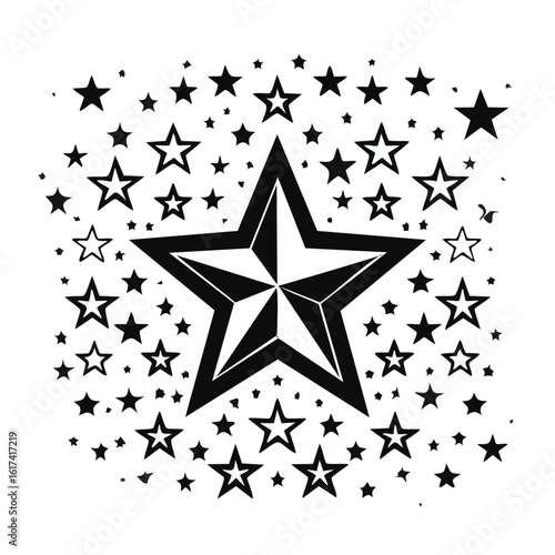 Black and white graphic of a large central star surrounded by many smaller stars pattern