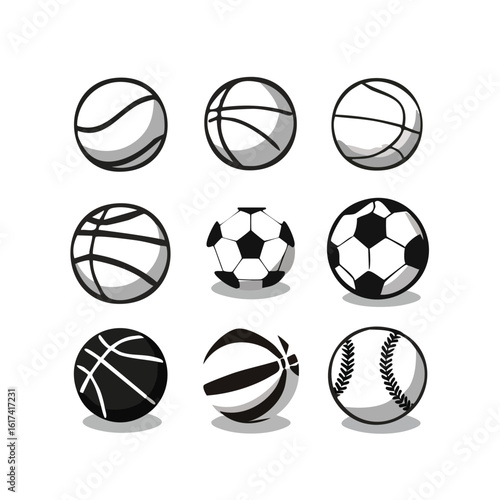 Collection of nine sports balls including basketballs soccer balls and baseballs game