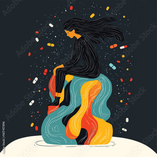 Sad depressed woman sits on a giant pill. Concept for depression, anxiety, mental health disorder and medication treatment. Psychology vector illustration with tangled thoughts