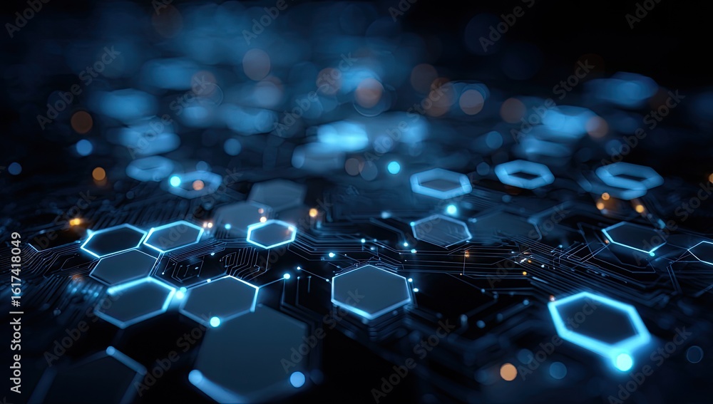 Fototapeta premium Abstract digital circuit board with glowing hexagons