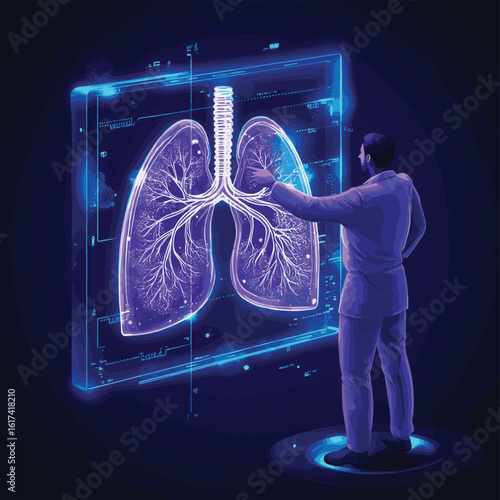 Male doctor pointing at holographic lungs with virus infection. Medical technology concept for virtual diagnosis of pneumonia or coronavirus. Futuristic healthcare and pulmonology