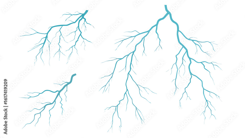 Fototapeta premium Three Cyan Lightning Bolt Illustrations Isolated on Transparent Background on white background