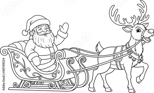 Santa claus in sleigh with reindeer coloring page christmas holiday vector illustration