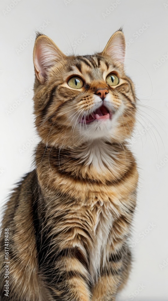 Adorable tabby cat looking up with open mouth Adorable tabby cat looking up with open mouth