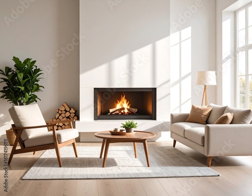 Wallpaper Mural Sunlit living room with fireplace, sofa, armchair, and coffee table (1) Torontodigital.ca