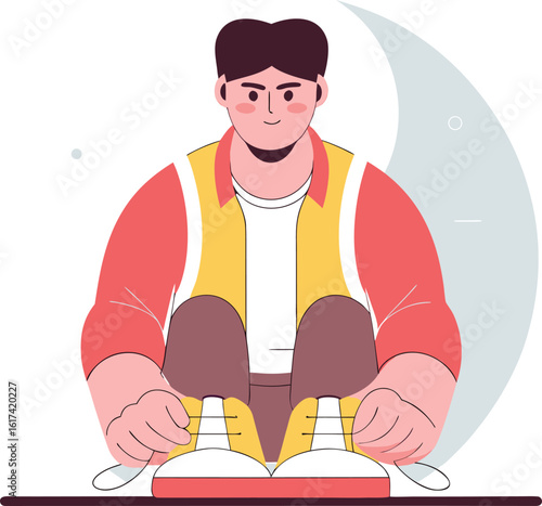 Young man sitting cross legged with a book in front of him