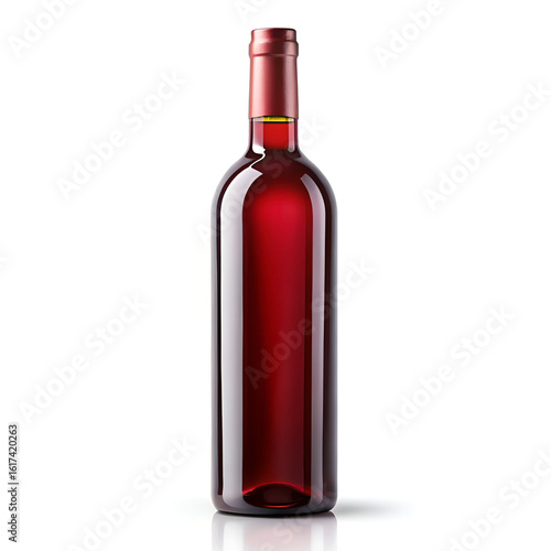 A tall, elegant bottle of rich red wine with a red foil capsule, isolated on a clean white background