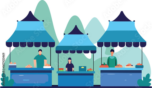 Outdoor market stalls with vendors selling goods under blue awnings