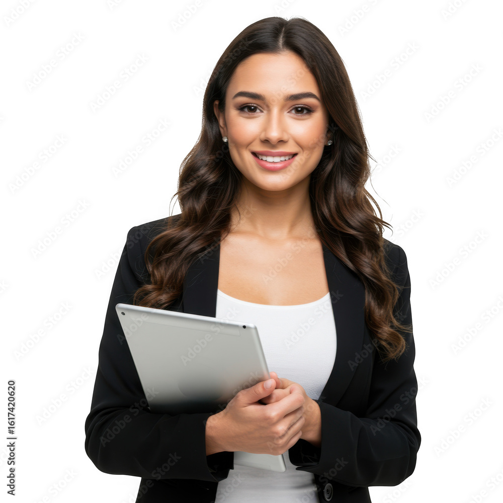 Smiling professional woman in a black blazer holding a tablet computer isolated on transparent background Smiling professional woman in a black blazer holding a tablet computer isolated on transparent background