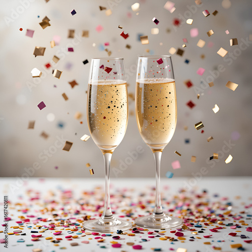 Champagne flutes and confetti celebration.