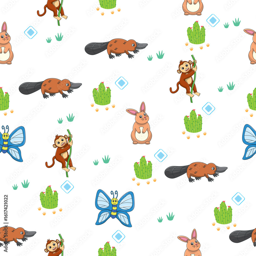 Fototapeta premium Cute wild animals seamless pattern for baby shower decor, nursery print, kindergarteen wallpaper, fabric, and textile. Vector illustration