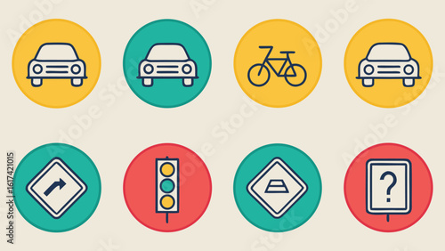 Collection of traffic and road signs with cars and safety symbols icons set