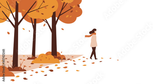 Autumnal Stroll: Woman Walking Under Golden Trees