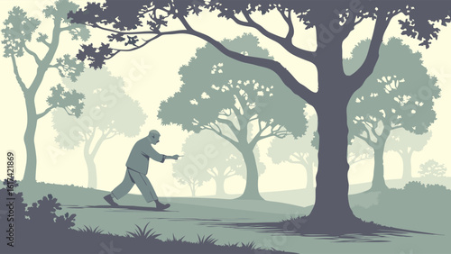 Peaceful Tai Chi Exercise in a Serene Forest Park with Layered Trees and Misty Atmosphere, Promoting Wellness and Mindfulness