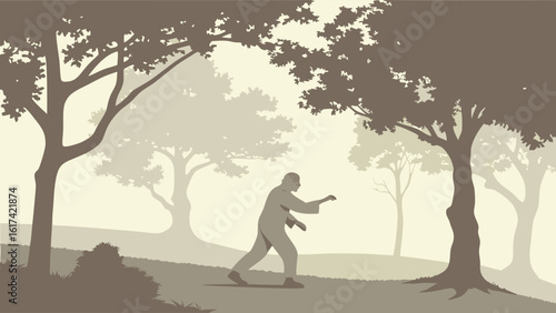 Mindful Tai Chi Practice in a Serene Park. Elderly Person Exercising in Nature with Trees. Peaceful Monochromatic Illustration for Wellness and Bal...