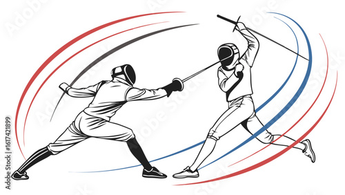 Dynamic Fencing Duel Illustration: Two Athletes in Action with Foils and Protective Gear, Capturing Motion and Competition in a Graphic Sport Design
