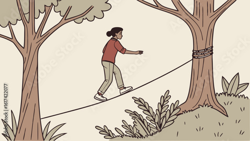 Illustrated Person Balancing on Slackline Between Trees in Nature, Symbolizing Skill, Focus, and Challenge