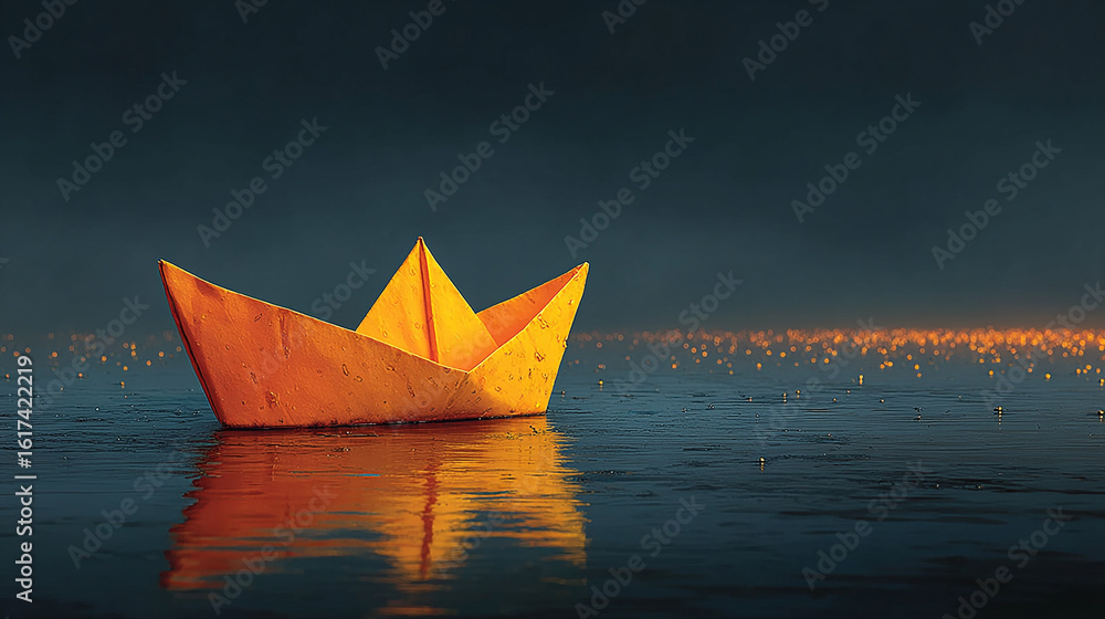 Obraz premium Yellow paper boat floating alone on dark water, symbolizing hope and resilience.