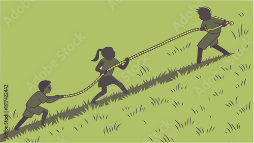 Collaborative Effort: Three Silhouetted Figures Pulling Rope Up a Grassy Hill, Symbolizing Teamwork, Support, and Overcoming Challenges Together