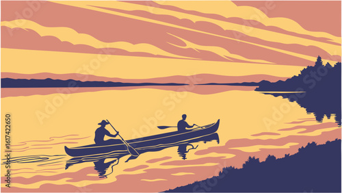 Tranquil Sunset Canoeing on a Calm Lake with Silhouetted Shores and Reflective Golden Sky – Flat Design Vector Illustration