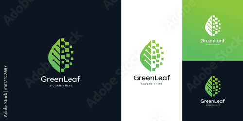 Leaf logo design template with  digital technology logo graphic design vector illustration. Symbol, icon, web 