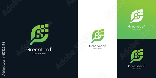 Green tech logo design. leaf with digital data technology design graphic vector illustration