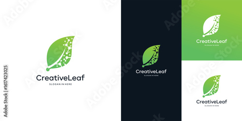 Green tech logo design template. Leaf with digital data technology design graphic vector illustration. Symbol, icon, creative.