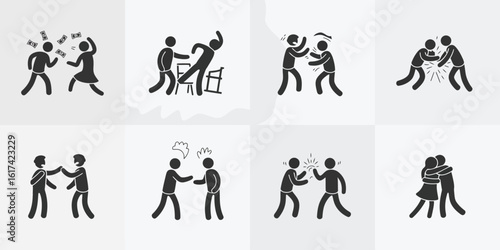 Conflict and resolution: stick figure emotions icon set