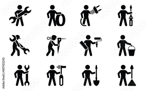 Construction workers and tools icon set
