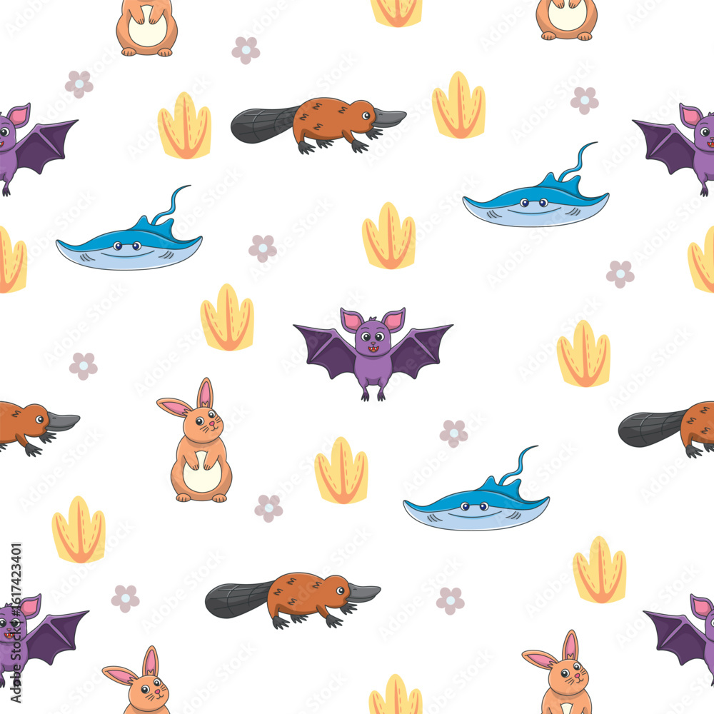 Obraz premium Cute wild animals seamless pattern for baby shower decor, nursery print, kindergarteen wallpaper, fabric, and textile. Vector illustration