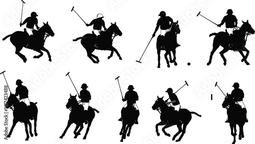 Silhouette vector illustration of polo players riding horses, swinging mallets during competitive equestrian sport, dynamic team action concept, black graphic design isolated icons