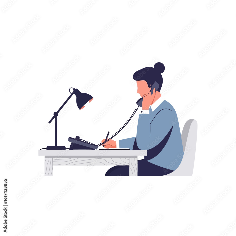 Obraz premium A woman with a bun sits at a desk, talking on the phone and taking notes with a pen.