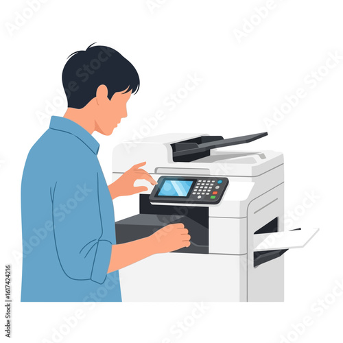 Man operating a modern office printer, using the touchscreen interface to make copies.