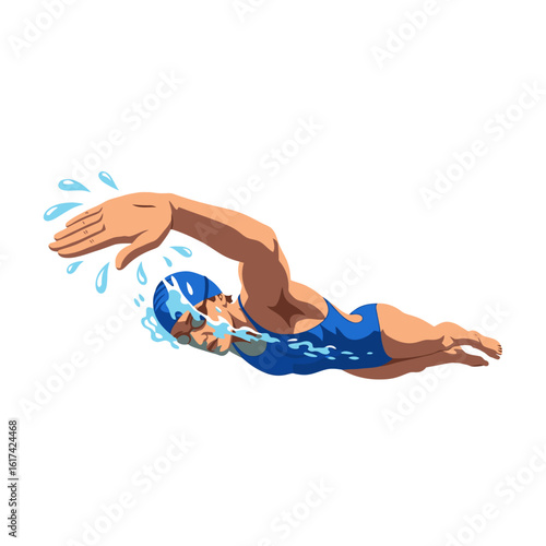 Illustration of a swimmer in a blue swimsuit and cap, performing the freestyle stroke with water splashing around their hand and face.