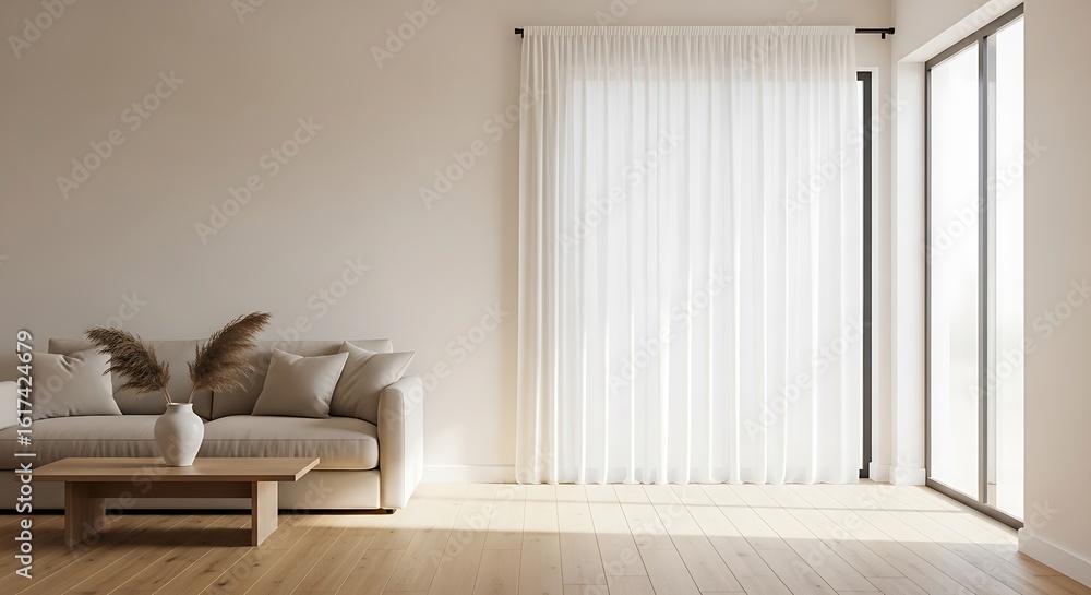 Fototapeta premium Modern minimalist living room: beige sofa, wooden coffee table, sheer curtains, sunlight.