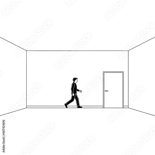 A man in a suit walks across an empty white room towards a closed door on the right wall.