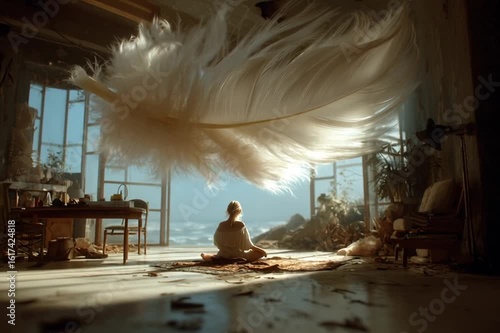 A small figure sits peacefully indoors as a giant feather drifts down from above, filling the air with softness and light in a serene video loop.