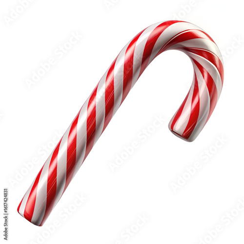 A classic red and white striped candy cane, a quintessential symbol of the festive christmas holiday season, isolated on white