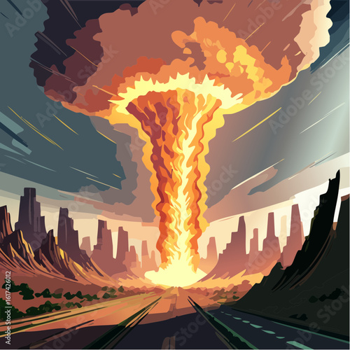 Meteor strikes bring destruction and mushroom clouds depict a citys devastation after celestial impact, suitable for disaster and destruction concepts.