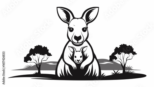 Illustration of a kangaroo with a joey in its pouch standing in a landscape with trees and hills silhouette