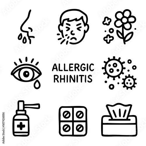 A set of doodle line icons showing allergic rhinitis symptoms, triggers like pollen, and remedies such as sprays, pills, and tissues