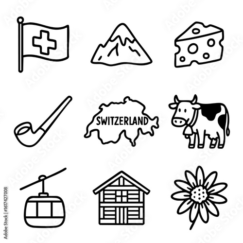 A set of doodle line icons illustrating Swiss culture and landmarks including mountains, cheese, chalet, cow, cable car, and flag