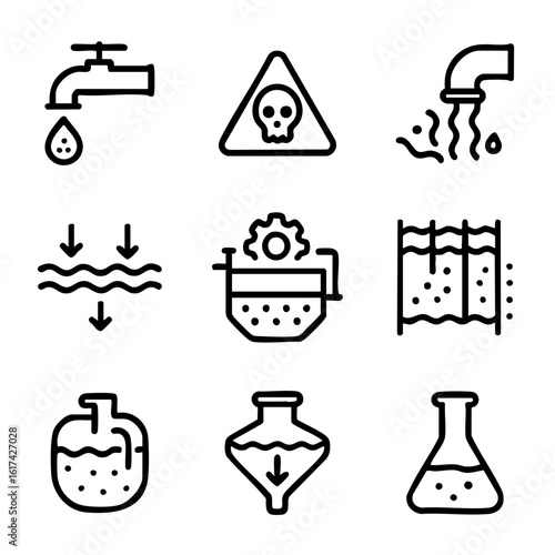 A set of doodle line icons showing water contamination, chemical waste, and purification processes such as filtering and treatment