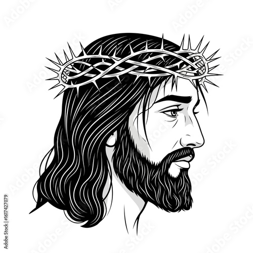 Jesus Christ with Crown of Thorns Black and White Graphic Illustration